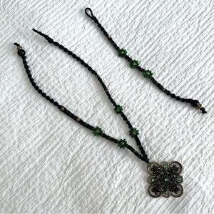 Macrame necklace and bracelet handmade bundle handmade black green metal beads
